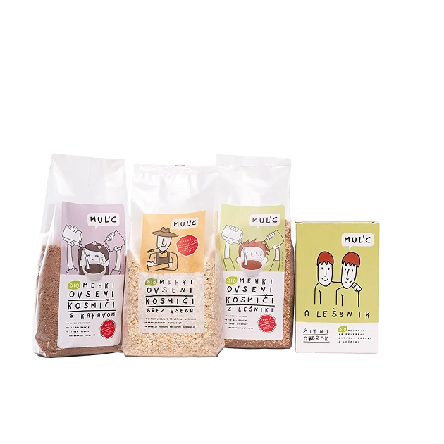 Mul'c, bio žitni obroki in kakavov napitek